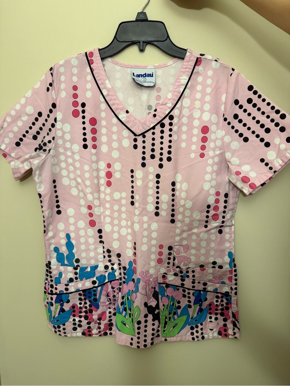 Landau Pink V-Neck Short Sleeve Scrub Top with Floral Dot Print